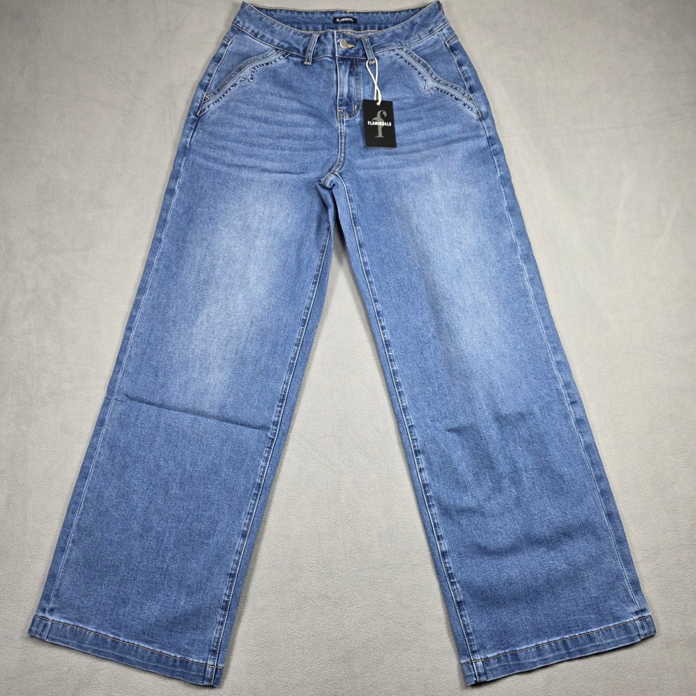 Flamingals Jeans Women Large Blue Wide Leg High Rise Medium Wash